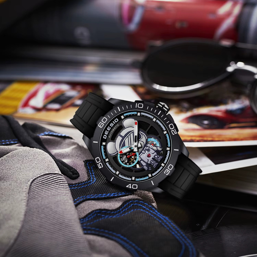 Deesio Automatik-Armbanduhr, Kohlefaser, Silikonarmband, Herren, Schwarz - Bild 3