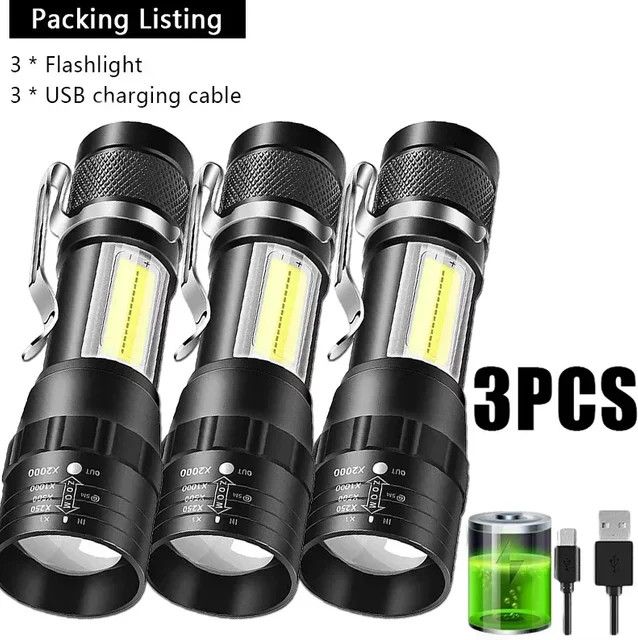 XIWANGFIRE Tragbare wiederaufladbare LED-Taschenlampe mit Stiftclip, zoombare wasserdichte Taschenlampe mit Seitenlicht für Outdoor und Camping - Bild 1