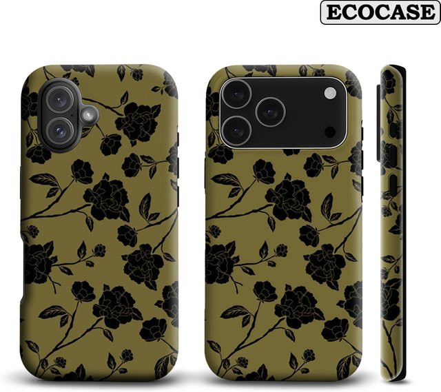 Handyhülle mit schwarzem Blumenmuster auf Olive für Apple iPhone 17 16 15 14 13 12 11 Pro Max Plus mit doppelschichtiger Rückseite - Bild 1