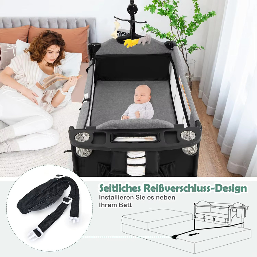 GOFLAME 5-in-1 Reisebett für Babys in Grau mit Matratze, Wickelunterlage, Spielzeug, Spieluhr und Tragetasche, B/B: 120 x 60 cm - Bild 6