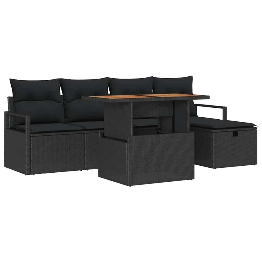 vidaXL 6-teiliges Garten-Sofa-Set in L-Form mit Ottoman und Kissen, Schwarz, Poly-Rattan und Metallrahmen - Bild 2