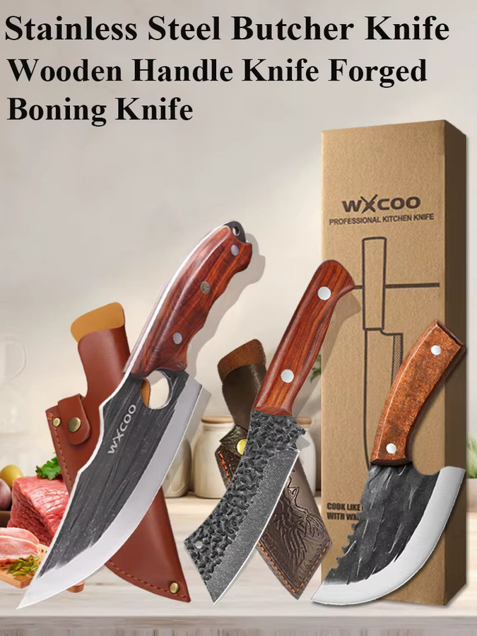 WXCOO Küchenmesser aus handgeschmiedetem Edelstahl mit braunem Holzgriff, multifunktionales Metzgermesser - Bild 6