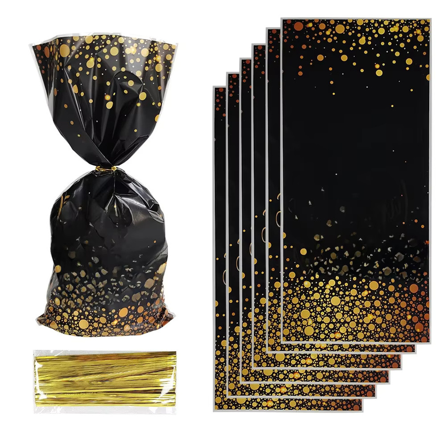 50 Stück Geschenkbeutel Gold Schwarz mit Punktmuster für Geburtstag und Süßigkeiten aus Kunststoff - Bild 6