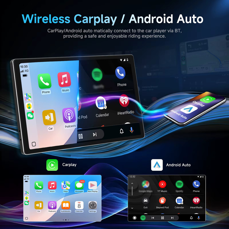 Podofo 11,5-Zoll Autoradio Multimedia-Player mit 4+64GB, kabelloses CarPlay und Android Auto, GPS-Navigation, FM RDS Stereo EQ und Spiegelung in Schwarz - Bild 3