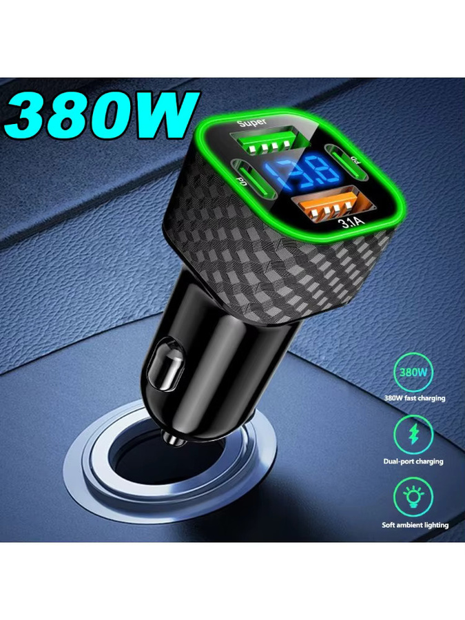 4-in-1 Autotelefon-Ladegerät mit USB-C Dual PD und Spannungsanzeige, 380 W Superschnellladeadapter in Schwarz für iPhone, Xiaomi, Oppo, Vivo und Samsung - Bild 7