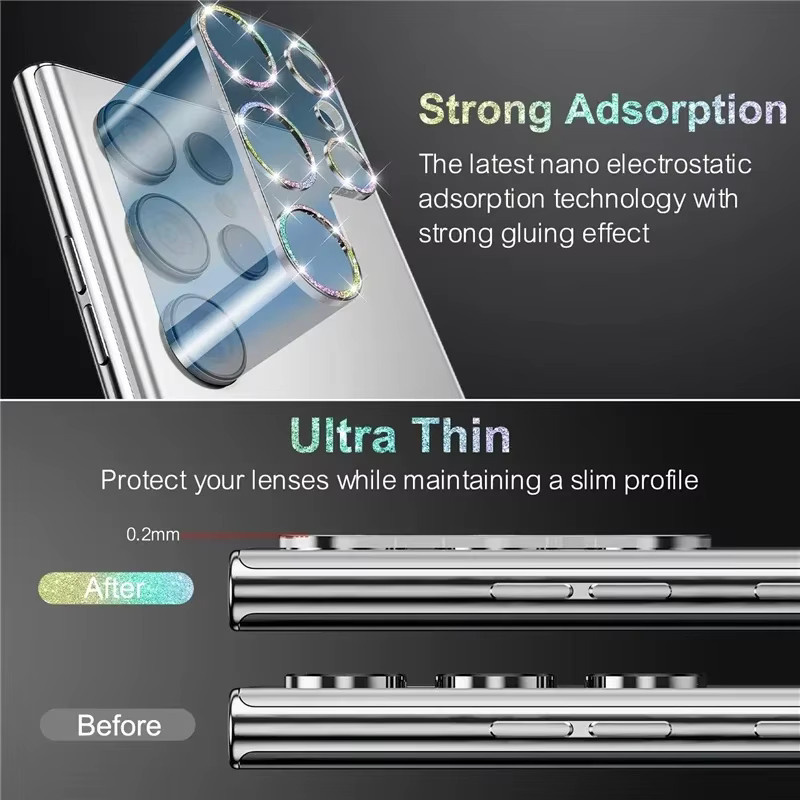 Bling Glitter Diamond Kameraobjektiv-Displayschutz aus gehärtetem Glas für Samsung Galaxy S22, S23 Plus und S24 Ultra in Silber - Bild 2