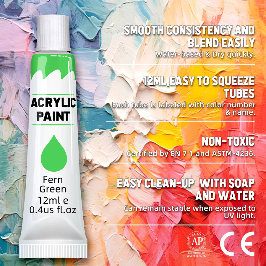 Acrylfarben-Set mit 12 Farben in Multicolour, 12 ml pro Tube, ungiftiges Kunst-Malset für Holz, Leinwand, Stoff, Stein und Glas - Bild 2