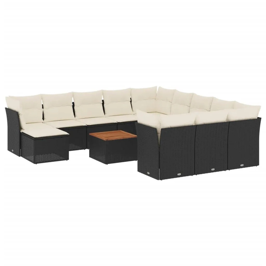 vidaXL 13-tlg Garten-Sofagarnitur in U-Form aus Polyrattan und Akazienholz mit Kissen in Schwarz-Creme - Bild 2