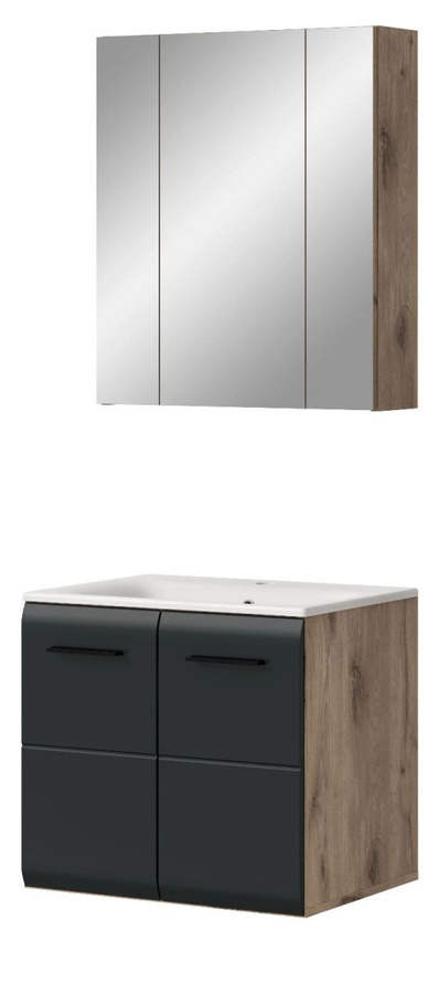 Badmöbel Set Cover von Inn.Furn in Schwarz und Eiche, 2-teilig, mit Waschtischunterschrank und Spiegelschrank mit LED-Beleuchtung, Breite: 60 cm - Bild 4