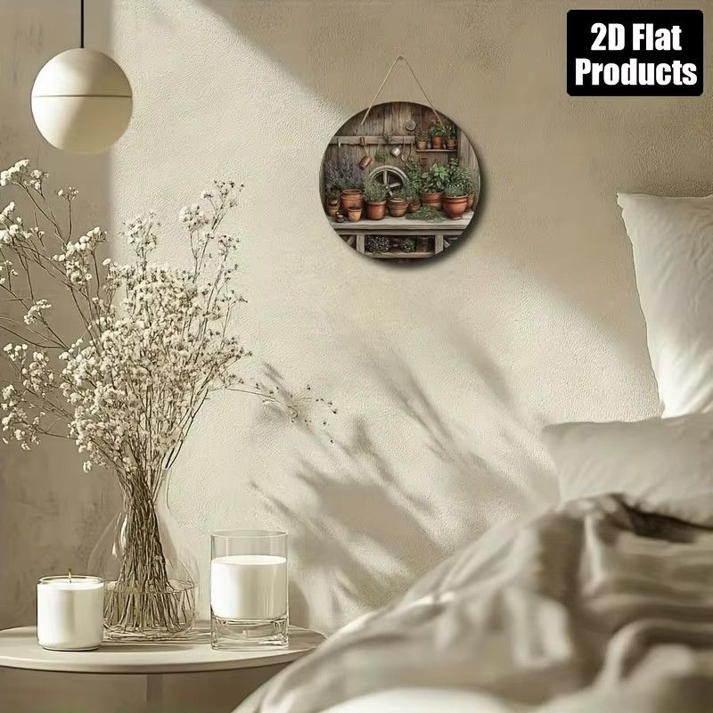 Home Relaxation Rustikales Wandkunstschild aus Holz mit Topfpflanzen-Design, rund, Durchmesser: 20,3 cm - Bild 3
