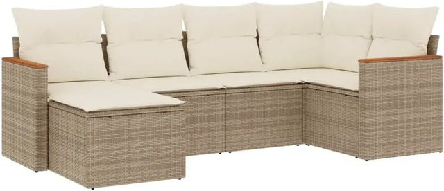 vidaXL 6-teilige Garten-Sofagarnitur in L-Form aus Poly-Rattan und Akazienholz mit Kissen in Beige-Creme - Bild 1