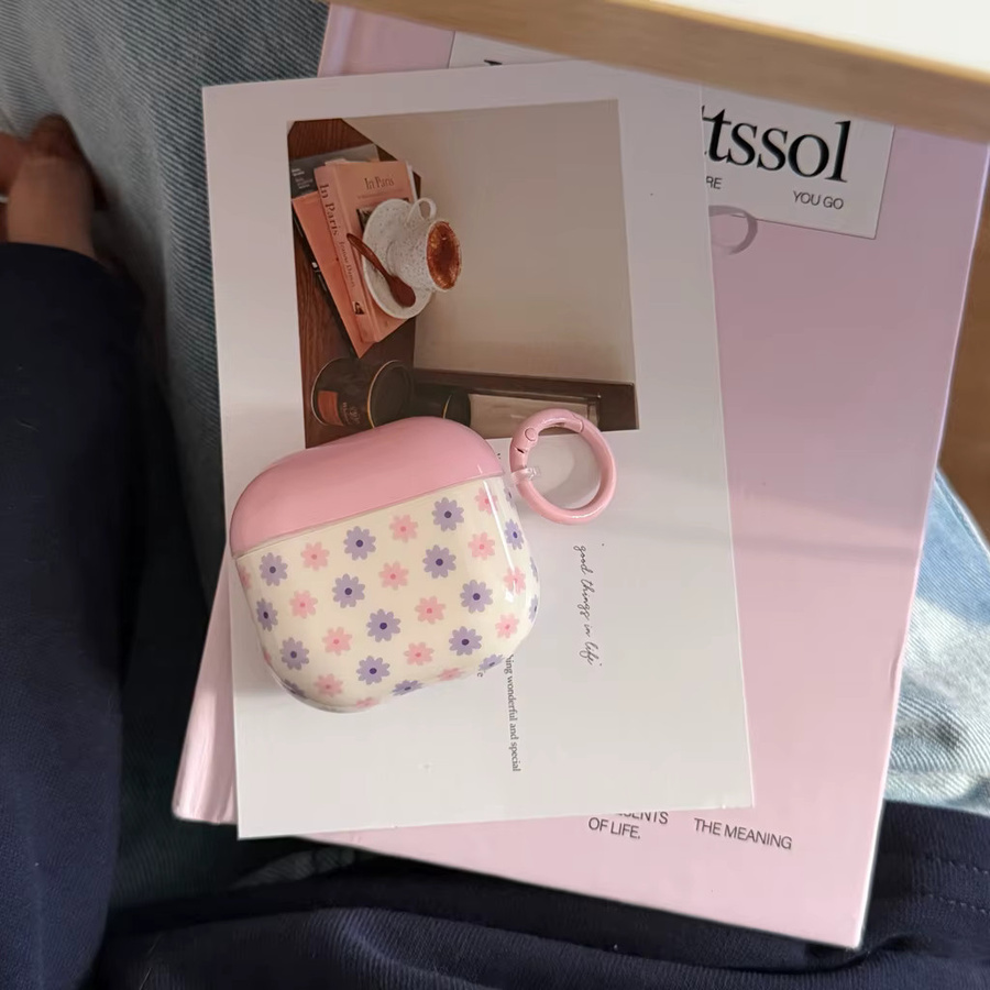 Stoßfeste Schutzhülle für Apple AirPods 1, 2, 3, 4, Pro 2 und Pro 3 mit Blumenmuster in Rosa und Lila inklusive Haken - Bild 3