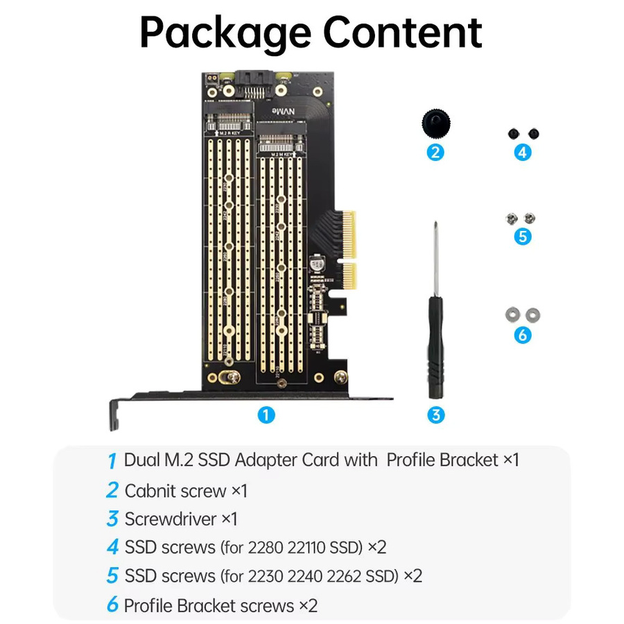 Jeyi Dual M.2 PCIe 4.0 Adapter für NVMe und NGFF SSD, unterstützt NVMe M Key und SATA B Key, Schwarz - Bild 4