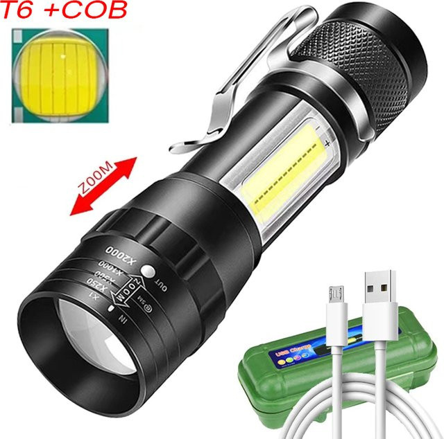 XIWANGFIRE Mini LED Taschenlampe T6, wiederaufladbare USB-Taschenlampe in Schwarz, wasserdicht und leistungsstark für Camping und Outdoor - Bild 1