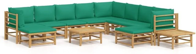 vidaXL 12-tlg Garten-Lounge-Set aus geöltem Bambus mit grünen Kissen - Bild 1