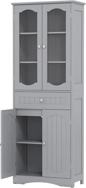 Costway Badezimmerschrank Grau mit 4 Türen und Glaseinsätzen, moderner Hochschrank aus MDF - Bild 1