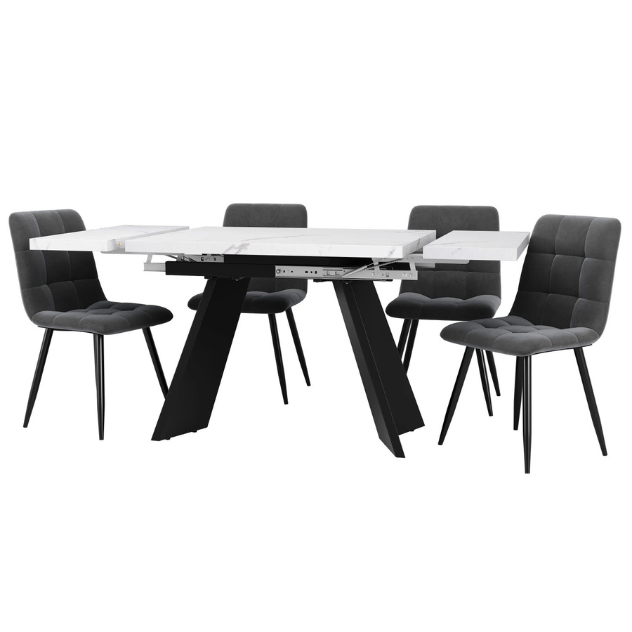 Merax Essgruppe 5-teilig mit ausziehbarem Esstisch und Samtstühlen in Weiß und Grau, B/T/H: 160 x 80 x 74 cm - Bild 2