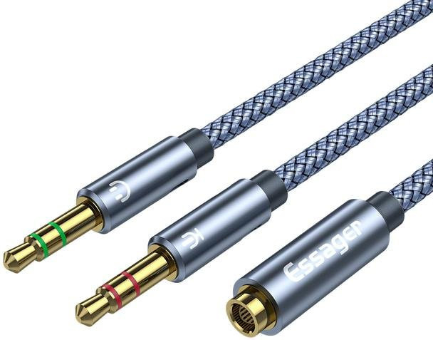 Essager Kopfhörer-Splitter Audio-Adapter 3,5 mm Buchse auf 2 Stecker Mikrofon-Y-Splitter Aux-Kabel für PC, grau, Länge: 25 cm - Bild 1