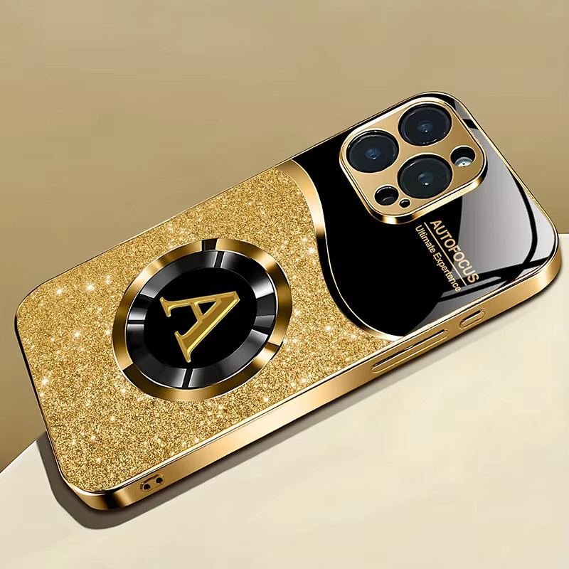 Gold Metallic Lack Glas Handyhülle mit glänzendem Buchstaben-A-Muster für Apple iPhone 11 12 13 14 15 16 17 Pro Max Plus Air 16E - Bild 2