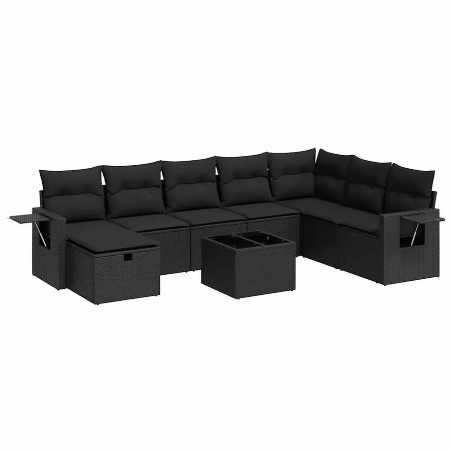 vidaXL 9-tlg Garten-Sofagarnitur in L-Form aus schwarzem Poly-Rattan mit Kissen und pulverbeschichtetem Stahlgestell - Bild 2