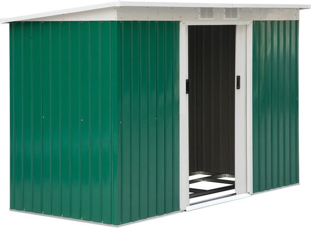 Outsunny Gerätehaus Gartenhaus aus Stahl mit Schiebetür und Lüftungsfenster, Dunkelgrün, B/T/H: 280 x 130 x 172 cm - Bild 1