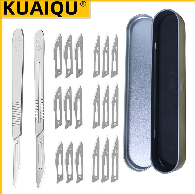KUAIQU Skalpell-Set aus Edelstahl mit 10 Klingen (Nr. 11 und 23) in Silber inklusive Metallgriff und Aufbewahrungsbox für DIY-Reparaturen und Pflanzenpflege - Bild 1