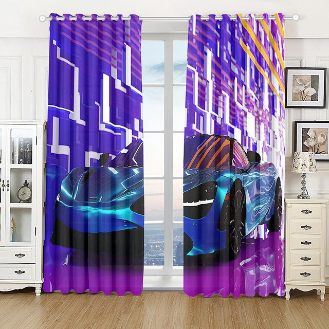 A Family Of Home Textiles 3D-Vorhang mit schwarzem Sportwagen Motiv, 2 Paneele, UV-beständig und semi-transparent, Farbe: Schwarz und Blau, Breite: 135 cm, Höhe: 165 cm - Bild 1