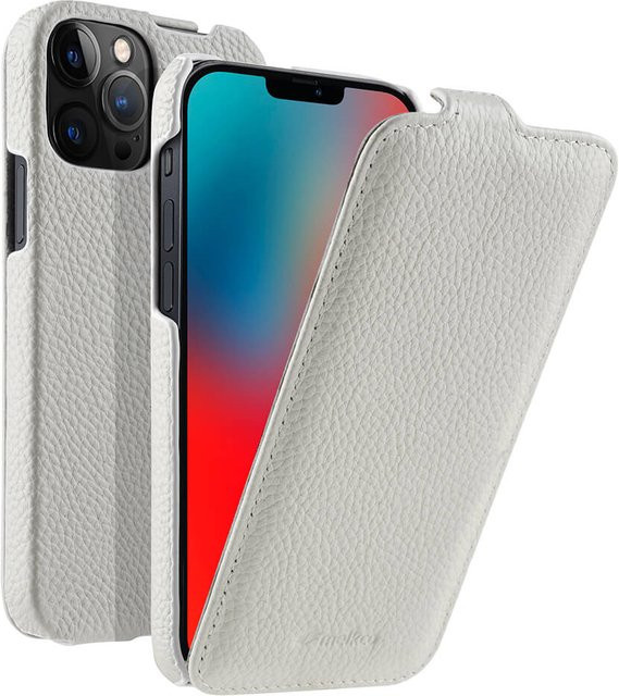 Melkco Echte Leder Klapphülle für iPhone 16 Pro, 15, 14, 13, 12 Pro Max und Mini aus Rindsleder in Weiß - Bild 1
