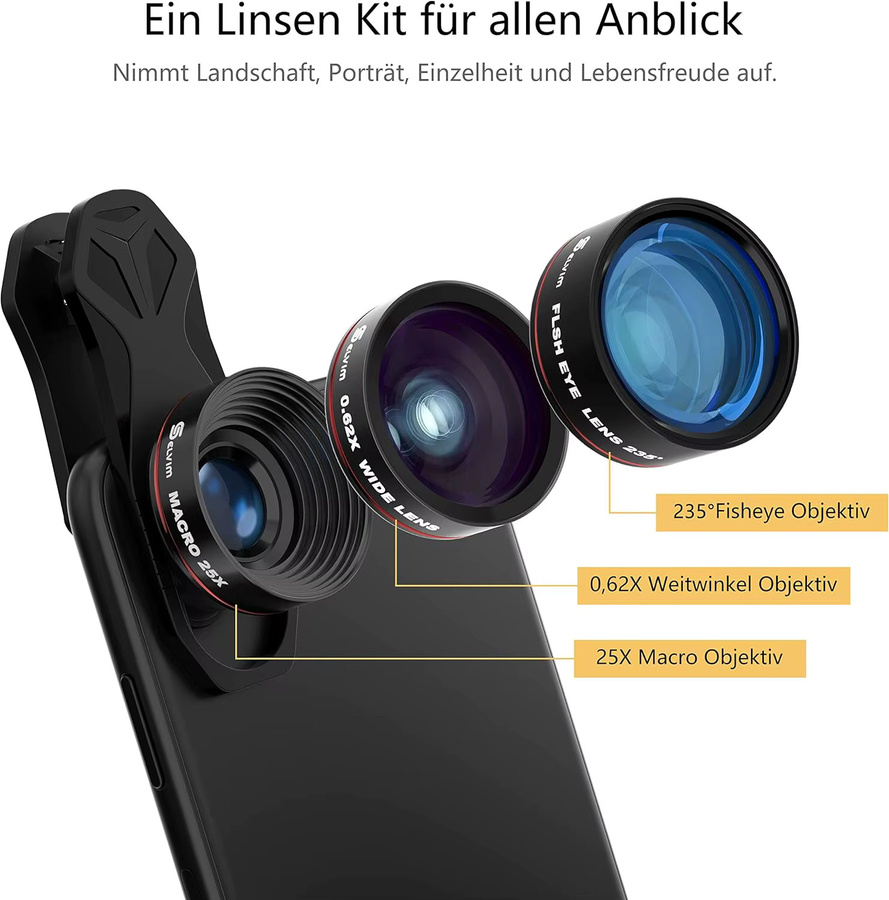 Handy Kamera Objektiv Set in Schwarz mit 0,62X Weitwinkel, +25X Makro, 235° Fischaugenlinse und Mosaik Effekt Linse inklusive Universal Halterung für Smartphones und Tablets - Bild 2