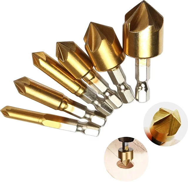 6-teiliges Senkerbohrer-Set von STONEGO aus HSS mit 1/4 Zoll Sechskantschaft und 90-Grad-Kenterstanzfunktion in Gold - Bild 1