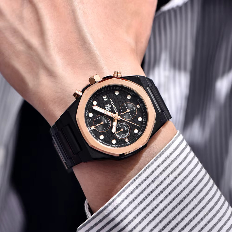BENYAR Chronograph Armbanduhr, Quarz, Edelstahl, Schwarz, Herren - Bild 2