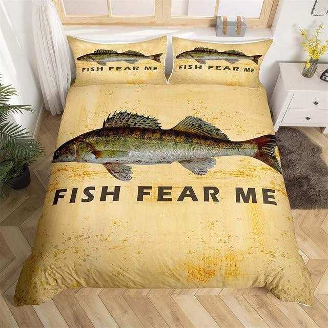 Fishing King Bettwäsche-Set aus Mikrofaser mit Angel-Motiv in Beige, 3-teilig, B/H: 210 x 210 cm - Bild 1