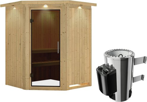 Karibu Sauna Wolmar aus Fichtenholz inklusive 3,6 kW Saunaofen mit integrierter Steuerung für 3 Personen, Farbe: beige - Bild 1
