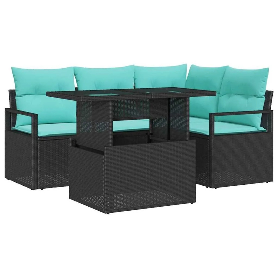 vidaXL Garten-Sofa-Set 5-tlg aus Poly-Rattan mit Kissen in Schwarz und Blau - Bild 2