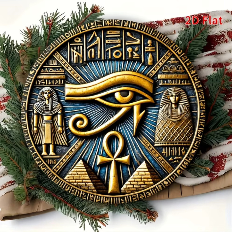 HELLOYOUNG Ägyptische Totem-Eisenwandkunst mit Auge des Horus, Anubis und Ra in Gold-Blau, runde Wanddekoration aus Metall - Bild 3