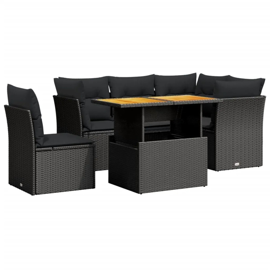 vidaXL 5-teilige Garten-Sofagarnitur in L-Form aus Polyrattan und Akazienholz mit Kissen, Schwarz - Bild 2
