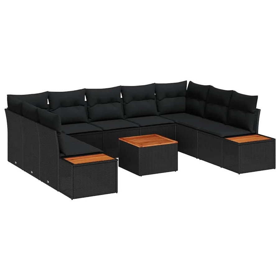 vidaXL 10-teiliges Garten-Sofaset aus Polyrattan und Akazie in Schwarz mit Kissen und Stauraum - Bild 2