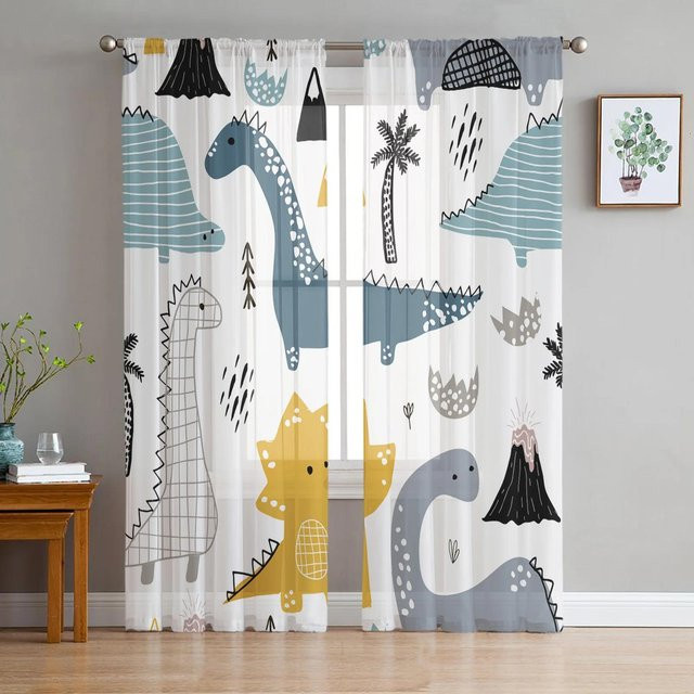 Yiran Furniture Kawaii Dinosaurier Tüll-Vorhang aus Organza, Transparent, Mehrfarbig, B: 135 cm, H: 115 cm - Bild 1