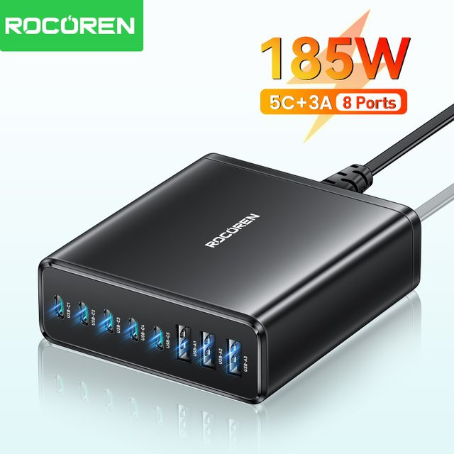 Rocoren 185W 8-in-1 USB Typ-C Desktop-Ladestation Multi-Port PD Schnellladestation in Schwarz - Bild 1