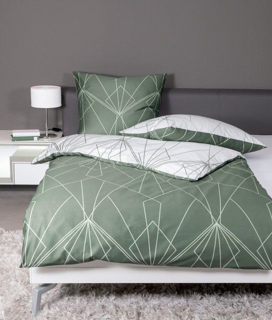 Janine Baumwoll-Bettwäsche für Erwachsene in Grün mit Streifen und Art Deco Design - Bild 1