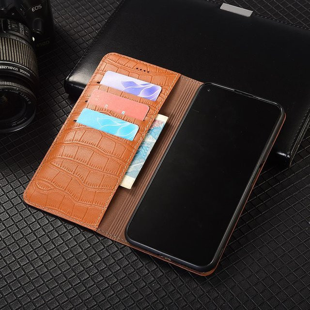 Echte Leder Klapphülle im Krokodilbauch-Design für Motorola Moto Edge Serie, Farbe: Braun - Bild 1