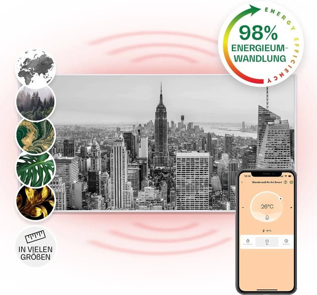 Klarstein Wonderwall Air Art Smart Infrarotheizung mit App-Steuerung Motiv New York City, Weiß, B: 120 cm, H: 60 cm, 700 W - Bild 1