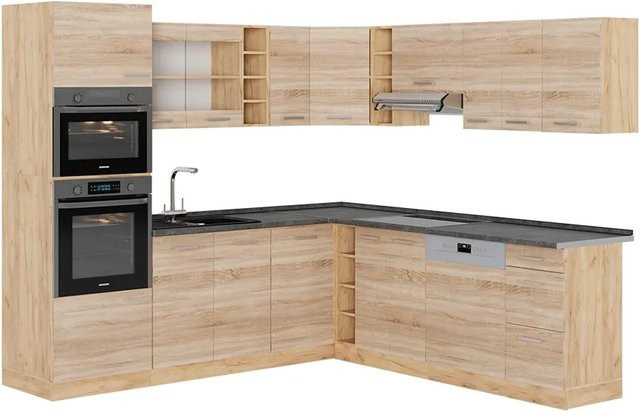 Vicco R-Line Eckküche Sonoma Goldkraft Eiche und Anthrazit, moderne Küchenzeile ohne Elektrogeräte, B/T/H: 237 x 247 x 81,6 cm - Bild 1