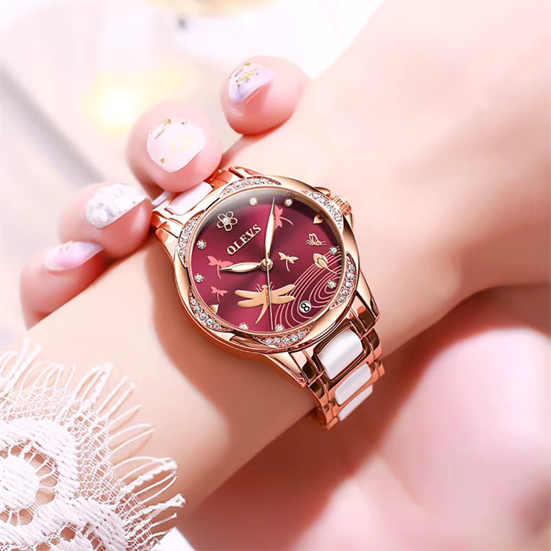 OLEVS Armbanduhr Automatik, Edelstahl, Diamantbesetzt, Damen, wine red - Bild 3