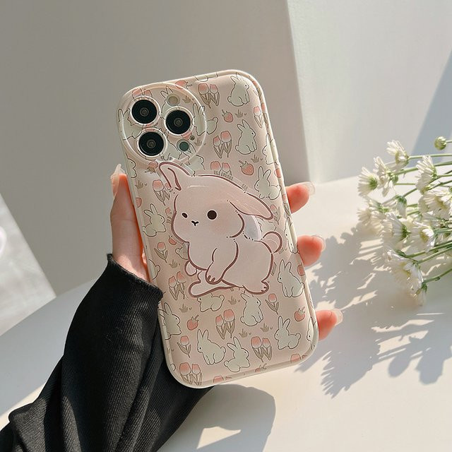 MUQGEW Handyhülle mit koreanischem floralem Cartoon-Häschen Design für iPhone, stoßfest, Farbe: Pink - Bild 1