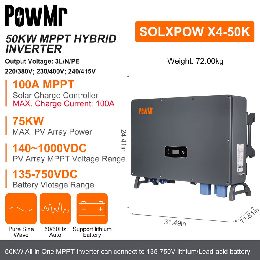 PowMr Hybrid-Solarwechselrichter 30 kW Dreiphasen On/Off-Grid Energiespeichermaschine IP65 Grau - Bild 2