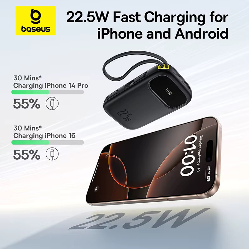 Baseus Power Bank mit 22,5 W Schnellladefunktion und eingebauten USB-C sowie Lightning Kabeln, 10000 mAh, in Schwarz oder Lila - Bild 2