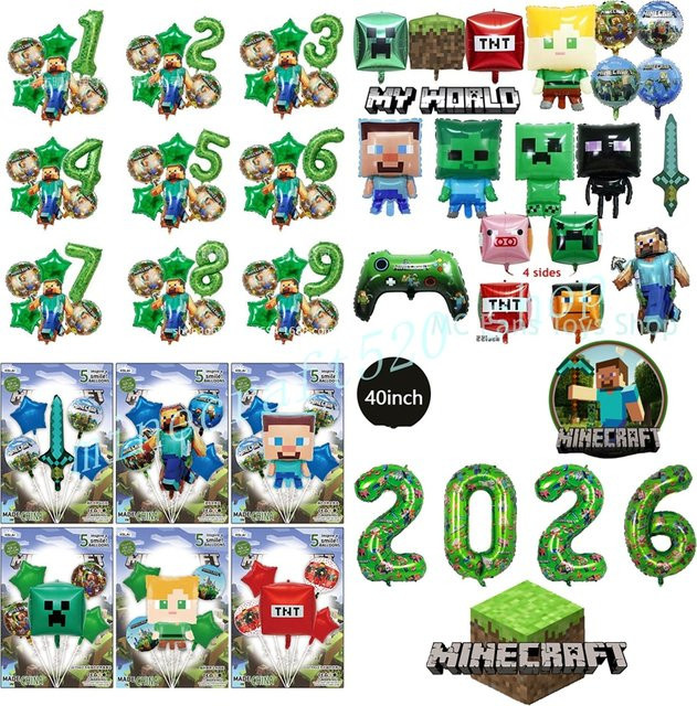 GAGAGIRL Minecraft Pixel Ballon Set für Geburtstagsfeiern, Mehrfarbige Aluminiumfolienballons und Zahlen-Set zur Partydekoration - Bild 1