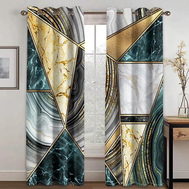 A Family Of Home Textiles 3D-Vorhang mit Marmor-Druck in Schwarz-Gold, semi-transparent, Breite: 50 cm, Höhe: 50 cm, 2er-Set mit Ösen - Bild 1