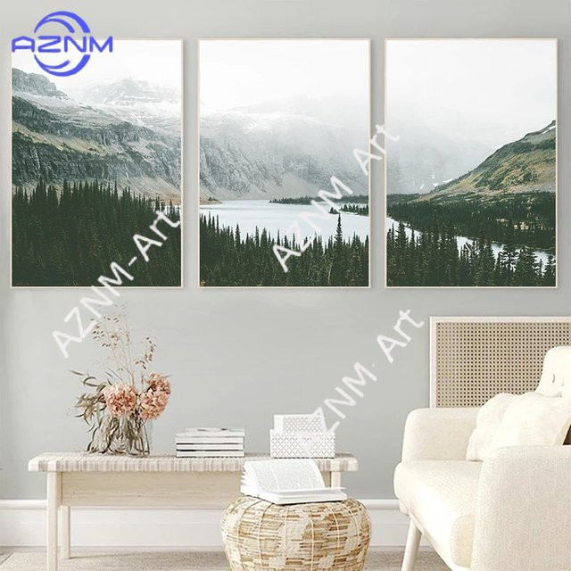 AZNM Modernes Nordisches Wandbild mit Wald- und Seelandschaft in Mehrfarbig, Rahmenloses Landschaftsbild für dein Wohnzimmer - Bild 1